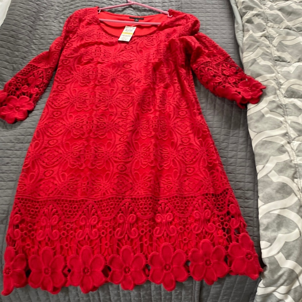 Red lacy dress with 3/4 sleeves. Medium but fits size 12.
